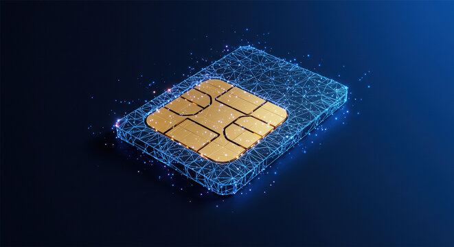 Futuristic glowing low polygonal sim card made of lines, light particles on dark blue background.