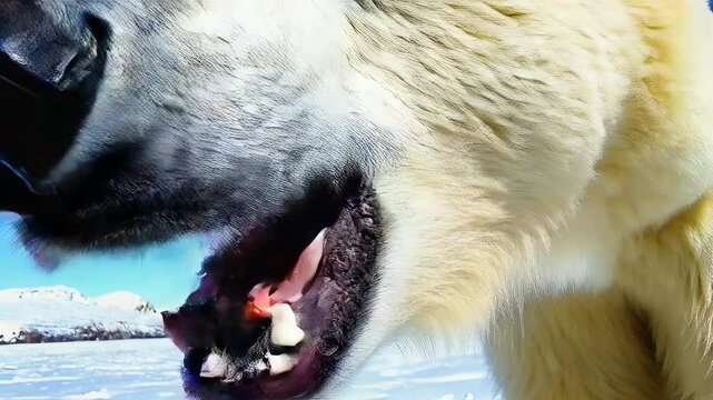 Primo piano orso bianco in panorama artico, primo piano, ripresa dal basso