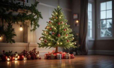 Evergreen Christmas tree with ornaments and lights, foliage, twigs