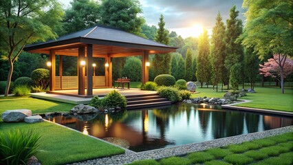 Fototapeta premium Modern Contemporary Green Garden with Wooden Pavilion & Bokeh - 3D Render Stock Photo