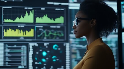 A Black businesswoman in a sleek workspace monitors green stock projections on a futuristic financial dashboard