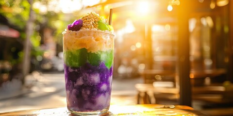 Refreshing halo halo dessert enjoying the sunset in philippines
