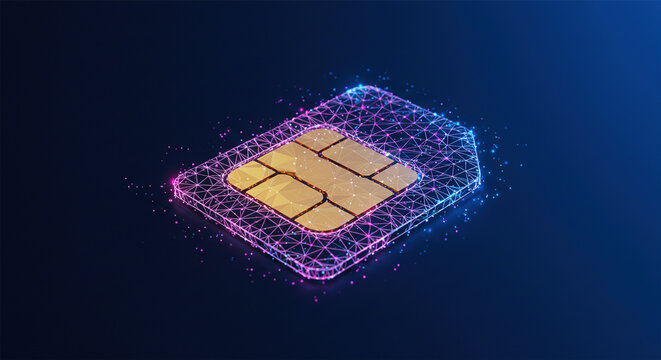 Futuristic glowing low polygonal sim card made of lines, light particles on dark blue background.