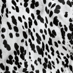 Close-up of black spots on white Dalmatian fur pattern. Animal print for fabric textile, wallpaper, background, cover design. 