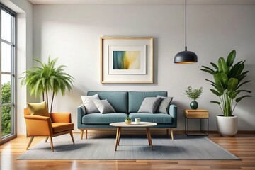 Modern Home Interior Photo Frame Mockup, 4K Minimalist Decor, Empty Frame, Stylish Room, Wall Art Display