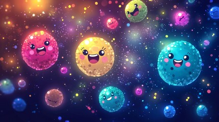 Collection of cute, round microbes with bright colors and smiling faces, surrounded by glowing bubbles and sparkles