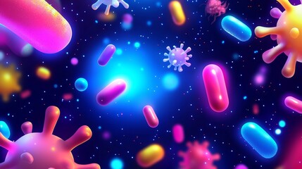 Obraz premium Cute microbes with glowing holographic textures, vibrant neon colors, high contrast, futuristic design
