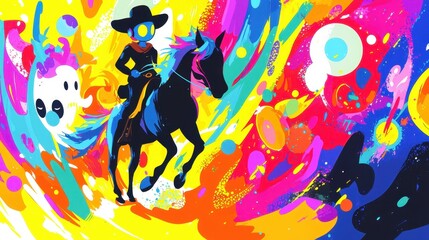 Fototapeta premium Vibrant cowboy riding a horse through an explosion of color and abstract shapes in a playful digital artwork
