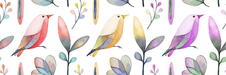 Colorful watercolor birds and leaves pattern suitable for various artistic and decorative uses