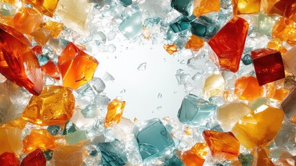 Colorful gemstones and crystals arranged in a vibrant display, creating a captivating backdrop