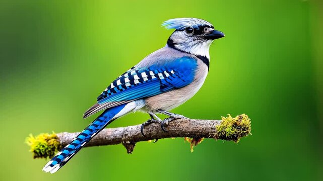 Blue and white bird with blue feathers on its tail is perched on a branch. The bird is looking to the right