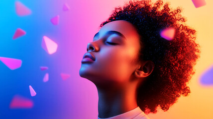 Person surrounded by floating digital icons and vibrant shapes, symbolizing the role of intuition in design and creativity