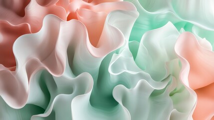 Obraz premium Abstract minimalist pastel banner with wavy organic forms, soft coral and mint palette, subtle shadow effects