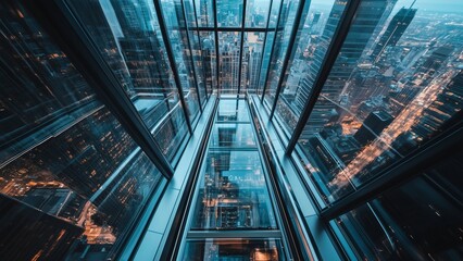 high-speed elevator ride in a glass-walled skyscraper with breathtaking city views