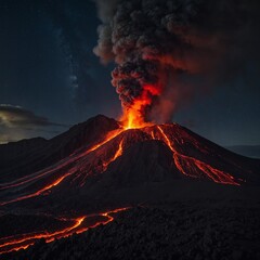 A volcanic mountain spewing lava at night.