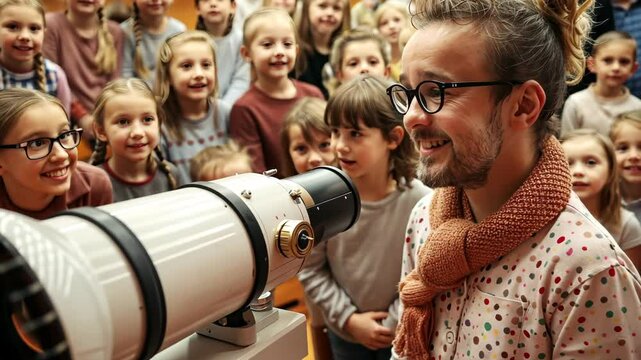 Students gather around an astronomy teacher to explore an optical telescope during class. This hands-on experience expands their understanding of celestial bodies and encourages exploration.
