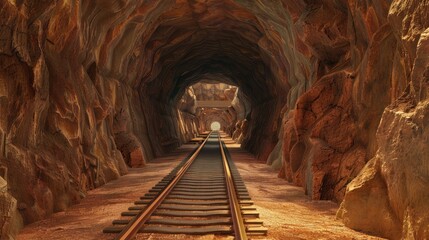 A serene view of a railway tunnel carved through rocky terrain, leading to a bright light in the distance