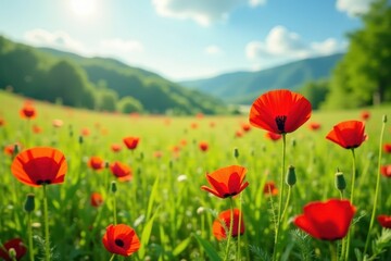 Red poppy flowers scattered across a lush green summer meadow , summer meadow, flora