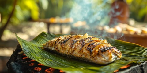Fresh fish grilling on banana leaf in philippines traditional cooking