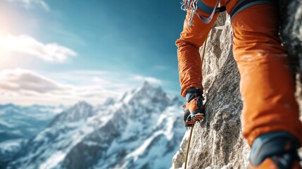 a daring rock climber gripping the edge of a steep cliff, with sweat glistening on their skin and a panoramic view