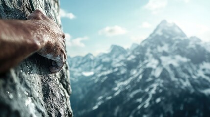 a daring rock climber gripping the edge of a steep cliff, with sweat glistening on their skin and a panoramic view