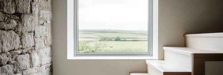 Fototapeta premium Stone wall window view rustic stairs modern home