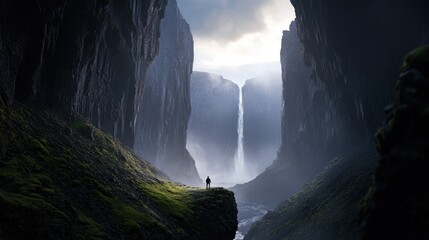 a lone traveler standing in the middle of a vast Icelandic landscape, with dramatic waterfalls cascading down black volcanic cliffs in the background