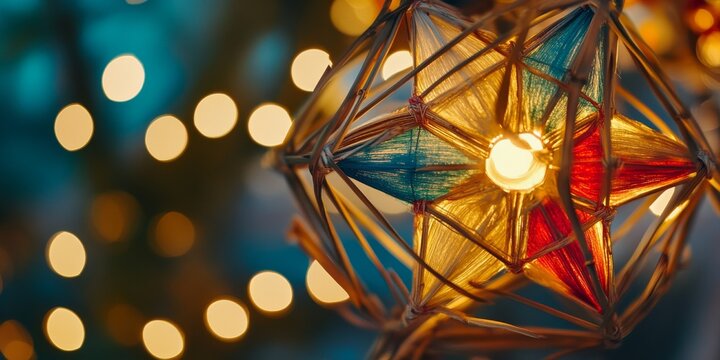 Christmas lantern parol star is shining with bokeh lights in background