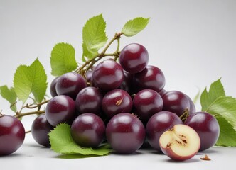 Fresh muscadine grape with stem on white background, vine, muscadine, leafy greens