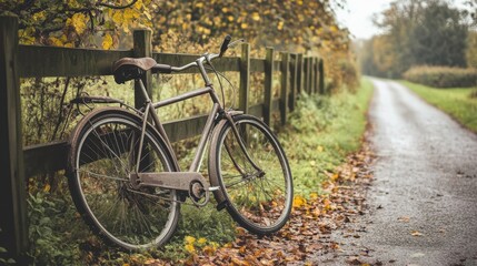Fototapeta premium A bicycle leaning against a wooden fence on a countryside road