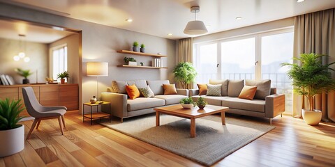 Modern Minimalist Living Room, Neutral Tones, Clean Lines, Tilt-Shift Photography, UHD Wallpaper