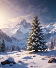 Frosty mountain scene with a radiant Christmas tree and falling snowflakes, frosty mountain, gentle snowfall