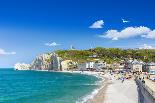 Panoramic view of the beach of Etretat in Normandy, France