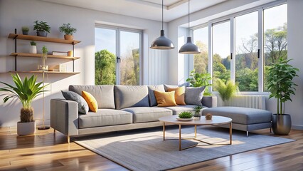 Fototapeta premium Modern Minimalist White Living Room with Comfortable Sofa - High-Resolution Stock Photo