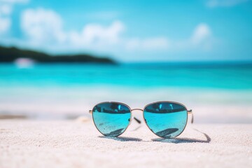 Stylish sunglasses resting on sandy beach with turquoise ocean view and bright sky, perfect for summer vacations and relaxation vibes
