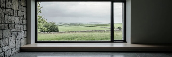 Stone wall window view of idyllic green fields