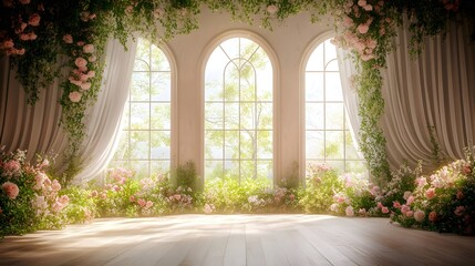 Wedding backdrop with gate of flowers generative AI