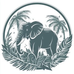 Elegant Elephant Graphic Design with Tropical Elements in Round Frame