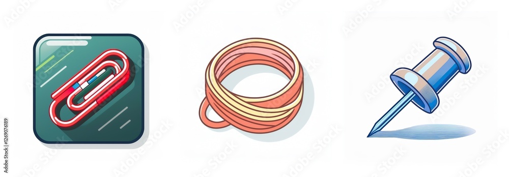 Poster Three stationery items depicted: a red paperclip on a green square, an orange rubber band and a blue push pin. Useful for office and organization tasks.