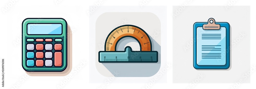 Poster Three icons illustrate essential tools for academic or office tasks: a calculator for computation, a protractor ruler for geometry, and a clipboard for documents.