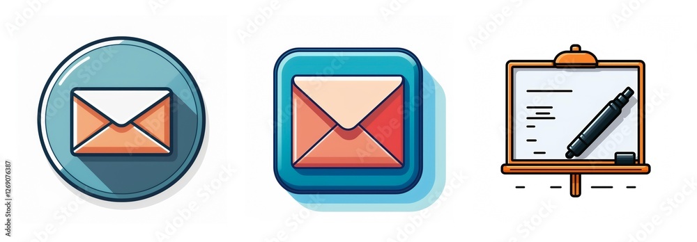 Poster Three icons depict digital communication: two stylized mail icons in circular and square shapes, and a whiteboard for presentations or notes.