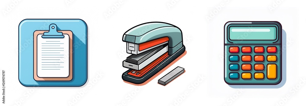 Poster office icons of a clipboard, stapler, and calculator. essential stationery items for organization, t