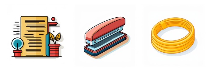 Three office supplies are displayed: a document with plants and a pen holder, a stapler, and a roll of yellow tape. These are essential office items.