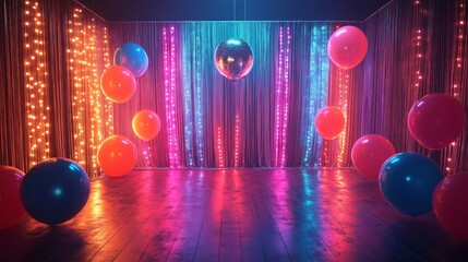 The venue is adorned with balloons and disco balls creating a nostalgic atmosphere of an adult theme