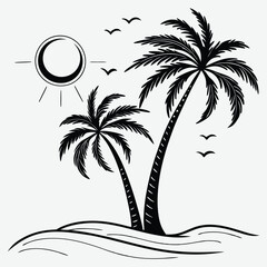 Retro sun and two palm trees swaying in the breeze silhouette design vector art with illustration