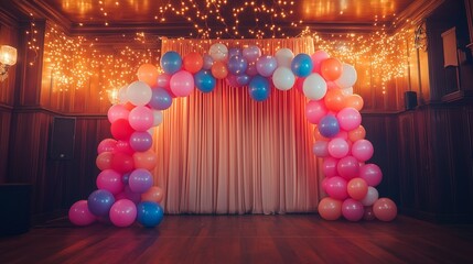 A dance floor with balloons and lights in the background, decorated for an elegant party. 