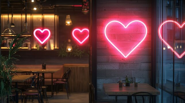Red and pink neon heart signs illuminating a modern cafe interior, reflecting off glass surfaces with a warm romantic vibe