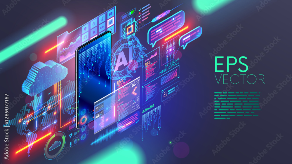 Poster Mobile technology isometric concept. Phone communication with internet services all over world. AI, big data, cloud computing, neural networks in smartphone. Phone app development. Digital technology