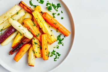 A clean, linear arrangement of tricolor roasted carrots and parsnips showcases culinary artistry on a matte white plate. vibrant root vegetables highlight a gourmet presentation with a healthy twist.