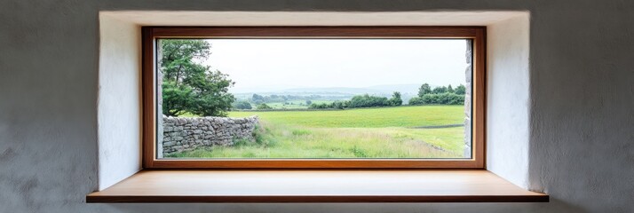 Rustic window reveals tranquil countryside vista